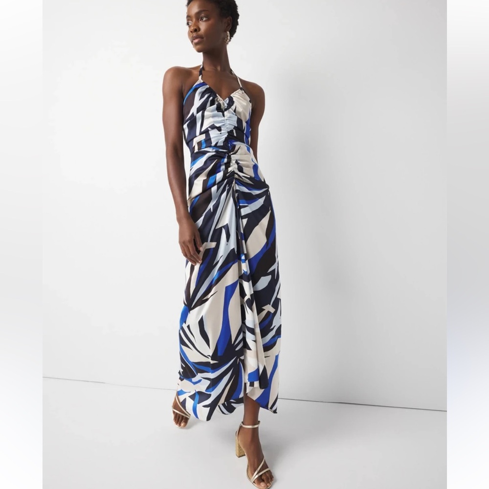WHBM Satin Halter Maxi Dress SIZE 6 blue black white  tropical resortwear chic